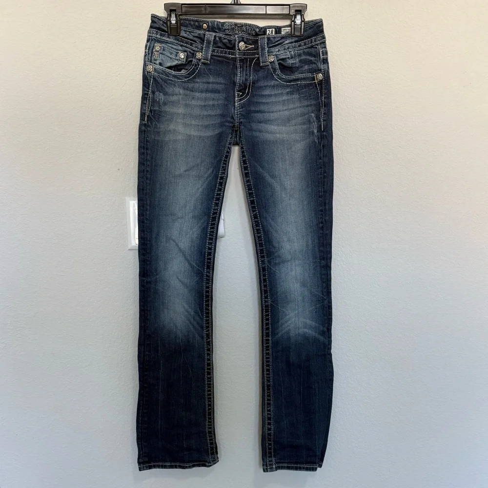 Miss Me Boot Cut Jeans Embroidered & Embellished Crystal Feather Pockets Size 28